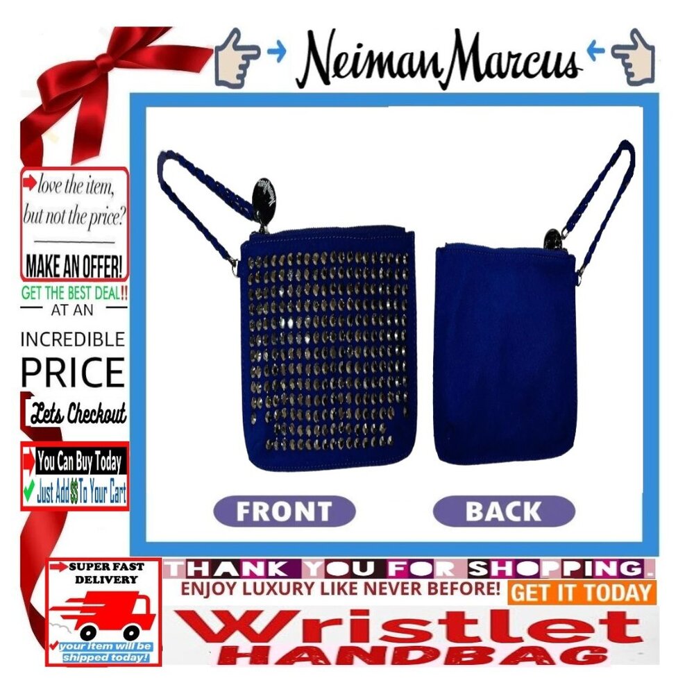 🛑 NEIMAN MARCUS Designer ➕ PURSE Stud BAG Bling WRISTLET Suede CLUTCH Gemstone